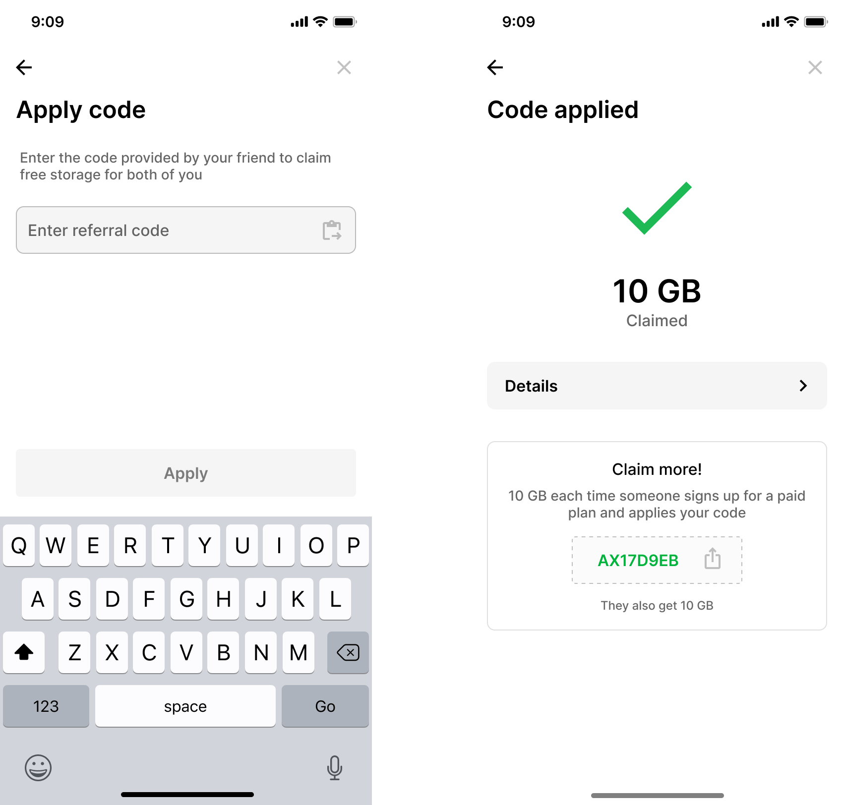 Apply referral code screen