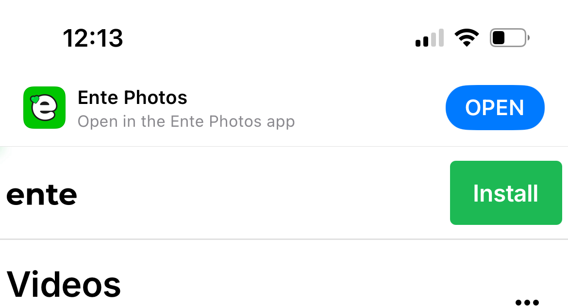 Safari showing the Open in Ente banner