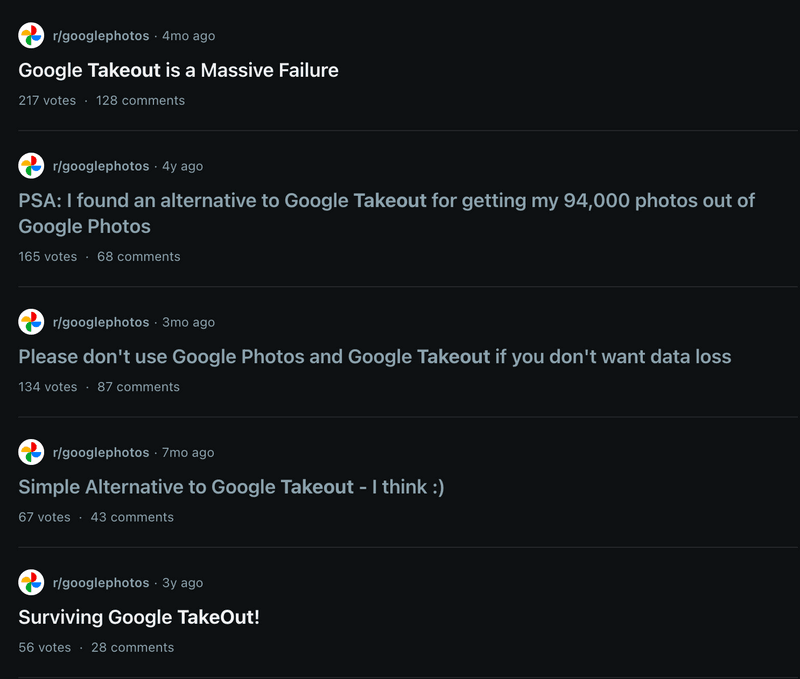 Users complaining about
Google Takeout on the official Google Photos Subreddit