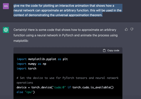 Asking ChatGPT to generate the code for generating an animation of neural networks approximating a function