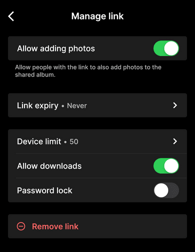 Enable 'Allow adding photos' in link settings